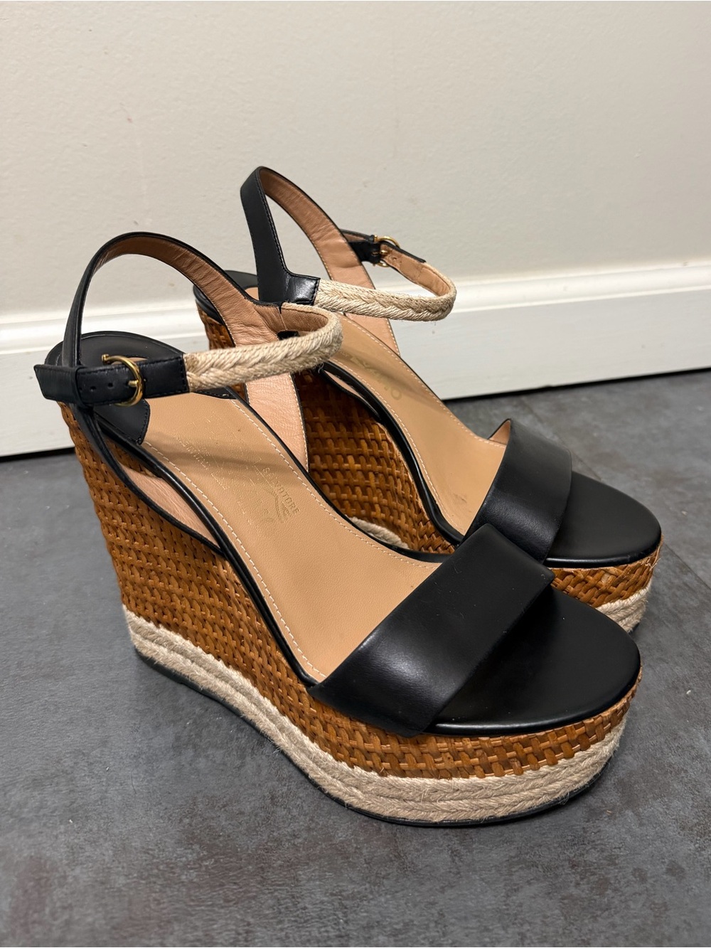 Salvatore Ferragamo Black Leather Espadrilles Wedge Sandal with Rope Ankle Strap